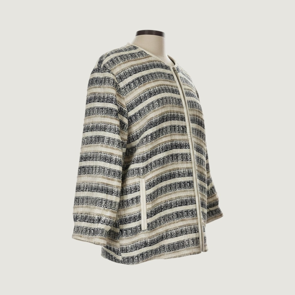 HM Womens Striped Open Front Tweed Style Jacket Cream Beige Navy Size 12